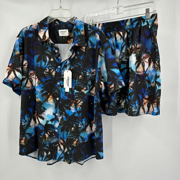 Tunevuse Mens Hawaiian Shirt Shorts Set Size L Tropical Palm Tree Vacation - Picture 1 of 11